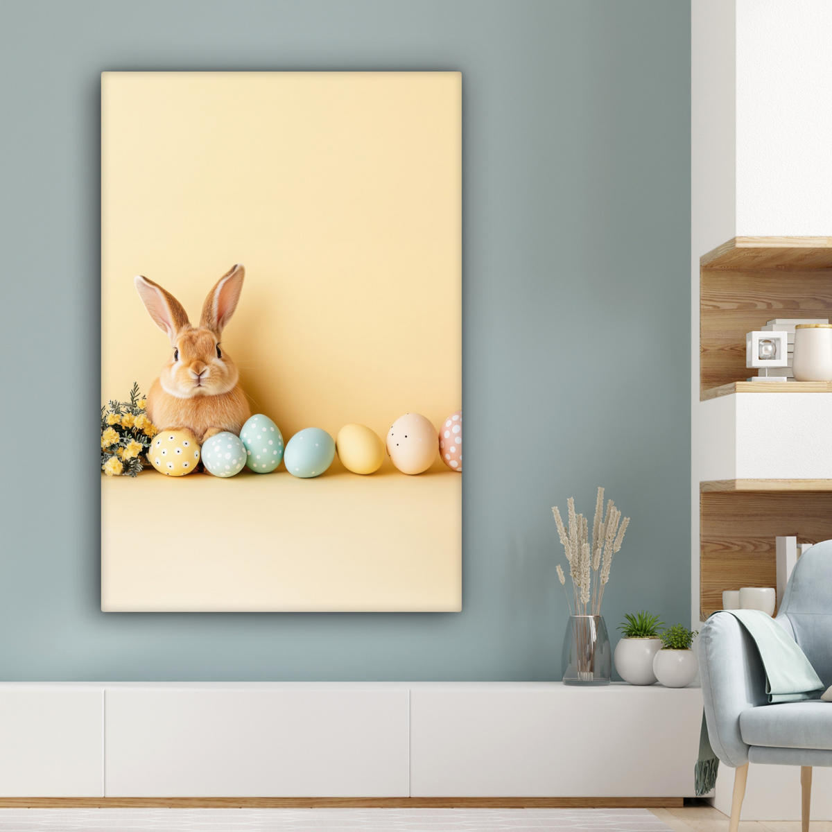 LEINWANDBILD Eier - Kaninchen - Pastellfarbtöne Deko Groß 90x140 cm - Hellgelb, Textil (90/140cm) - MuchoWow