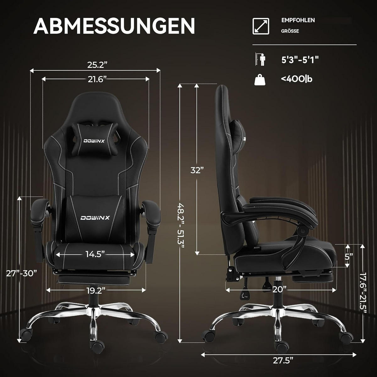 GAMING Stuhl PU-Leder Ideal Für Büro, Home, Streaming und Lange Gaming - Schwarz, Leder (65/123/70cm)
