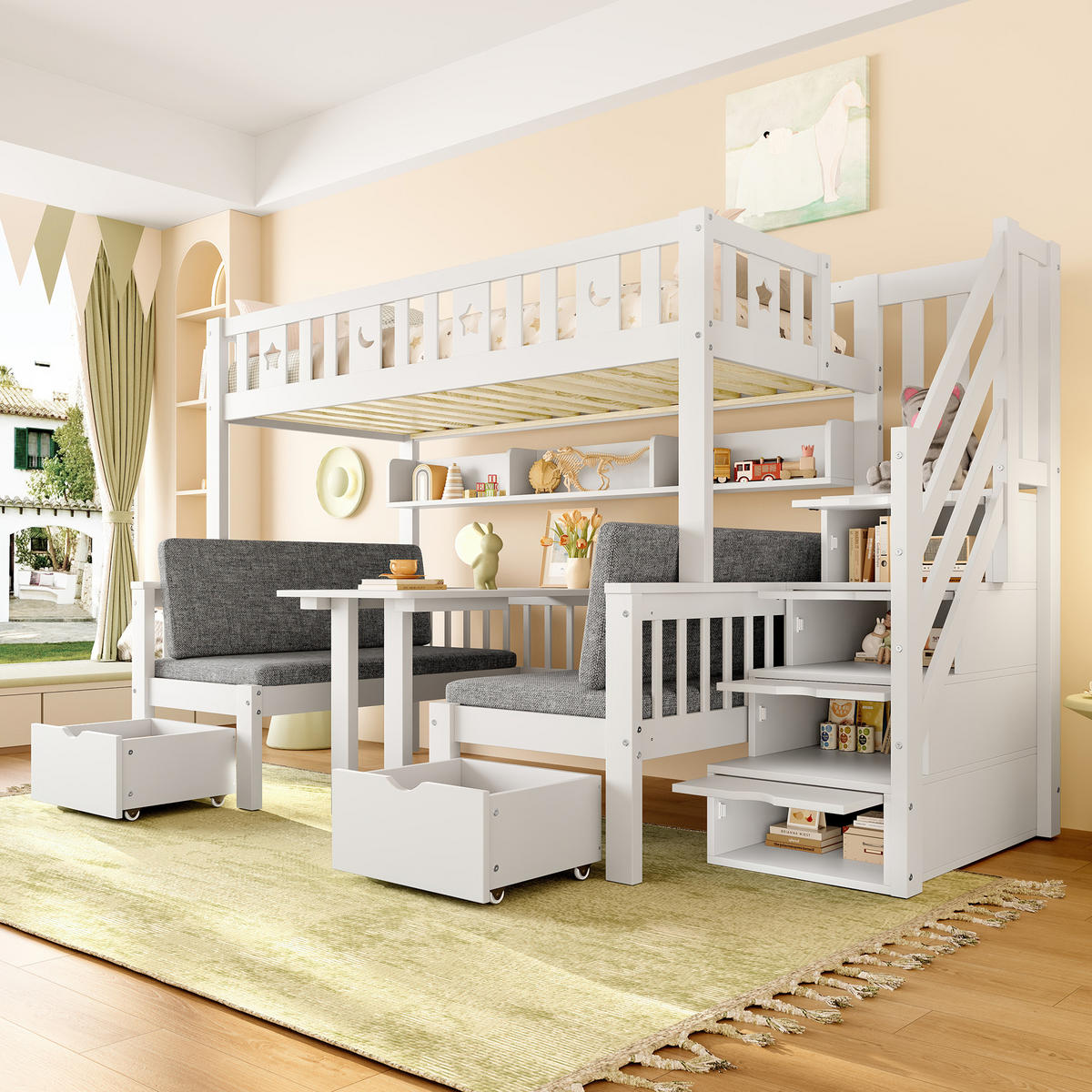 HOCHBETT aus Kiefernholz 90x200 cm in Weiß mit Schreibtisch & Stauraumleiter - Weiß, Holz (90/200cm) - Modfu