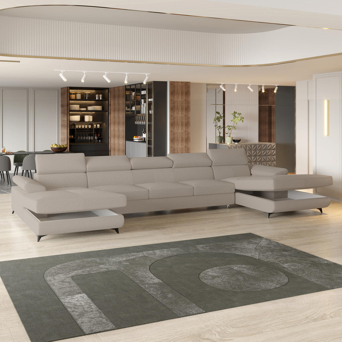 WOHNLANDSCHAFT VIVENTE Beige Boucle-Stoff mit Schlaffunktion - Beige, Holz (410/89/190cm) - MASSENO