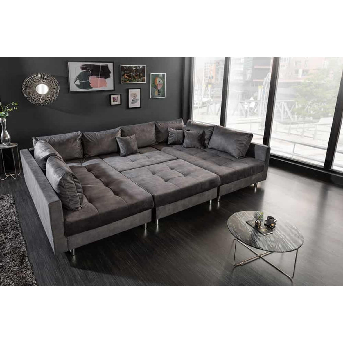 XXL WOHNLANDSCHAFT INKL. HOCKER KENT Samt Grau 305 cm - Silberfarben/Grau, Kunststoff/Textil (305/85/185cm) - riess-ambiente