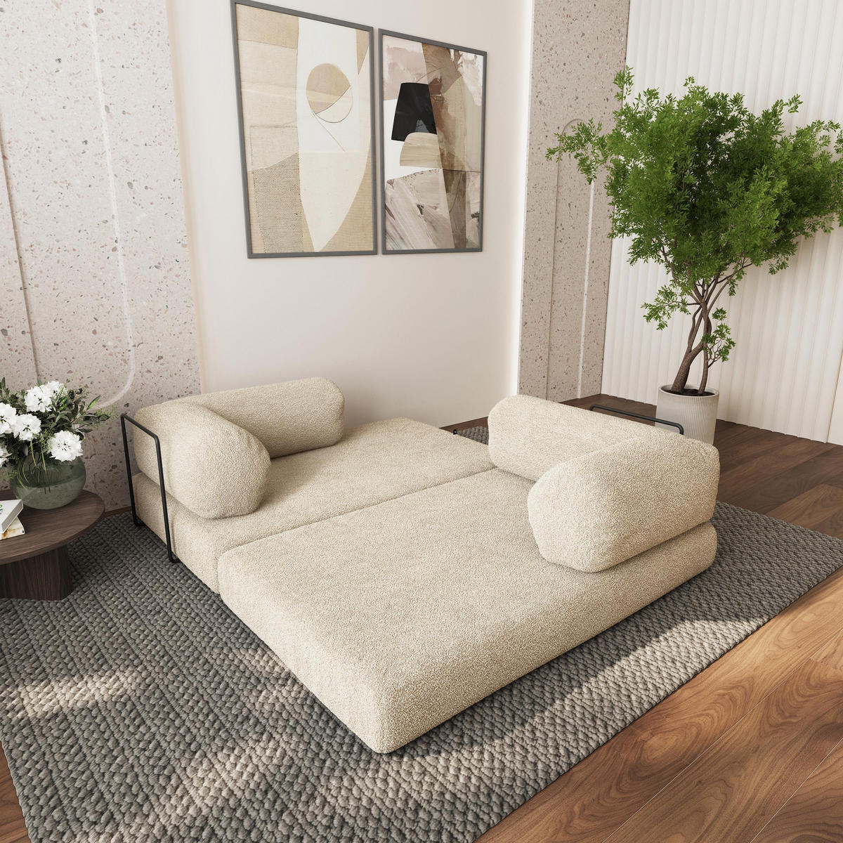 ECKSOFA KELI modulares Boneless Sofa mit Schlaffunktion Creme Boucle-Stoff - Creme, Textil (270/160cm) - MASSENO