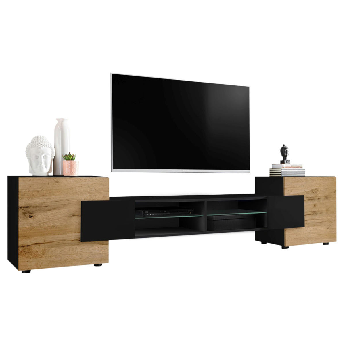 LOWBOARD MERANO Schwarz - Eiche Wotan/Schwarz, Glas/Holzwerkstoff (230/52.5/35cm) - Komodee