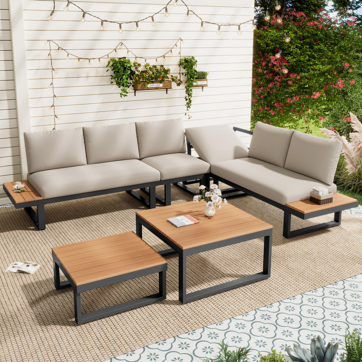 GARTENMÖBEL-SET Ecksofa Verstellbar 5-Stufig Stahl Kunststoffholz Beige Grau - Beige, Textil - FLIEKS