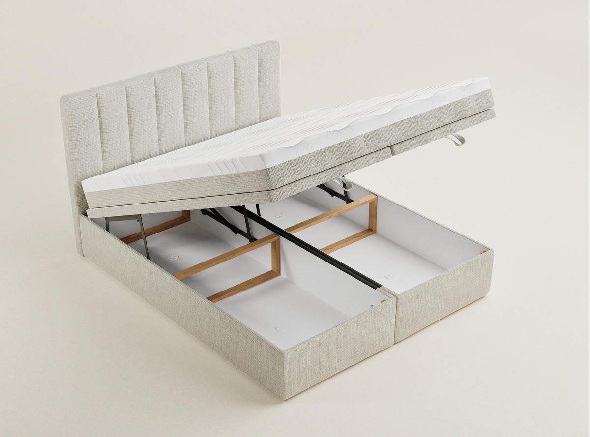 BOXBETT 140/200 cm Lovage M, in Beige, Matratze, gepolstertes Kopfteil, Bettkasten, H3 = fest - Beige/Schwarz, Holz/Holzwerkstoff (140/200cm) - Maison de Reve