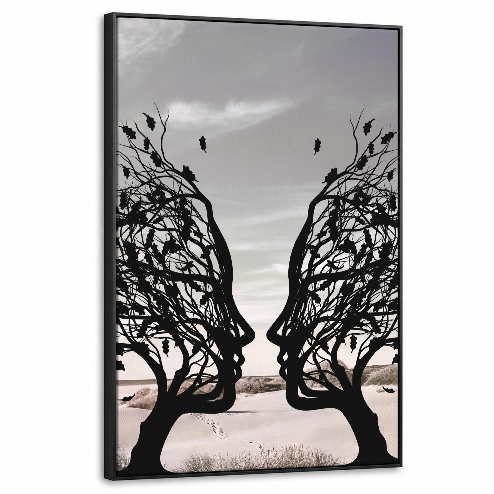 LEINWAND Bilder mit Rahmen - Strand - Meer - Menschen - Baum - Moderne Kunst - 60x90 - Hellgrau, Textil (60/90cm) - MuchoWow