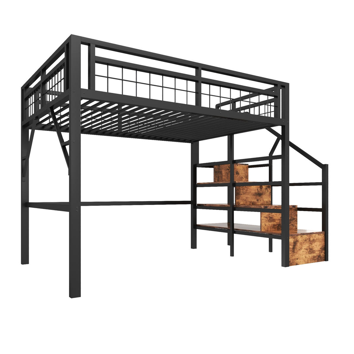 HOCHBETT 140/200 cm mit LED-Lichtleiste, Stauraumtreppe und offenem Freiraum, Schwarz - Schwarz, Metall (140/200cm) - Redom