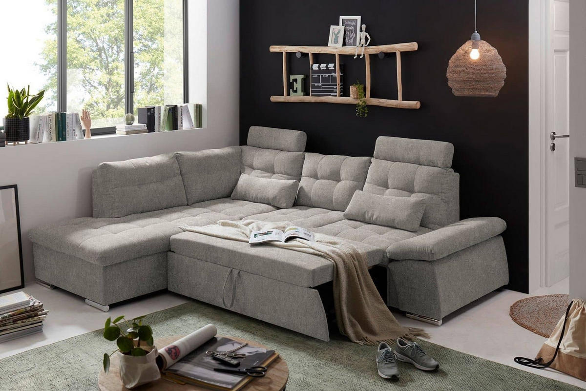 ECKSOFA mit Schlaffunktion, verstellbare Armlehne und Kopfstützen - Taupe/Chromfarben, Textil (260/219cm) - ed exciting design