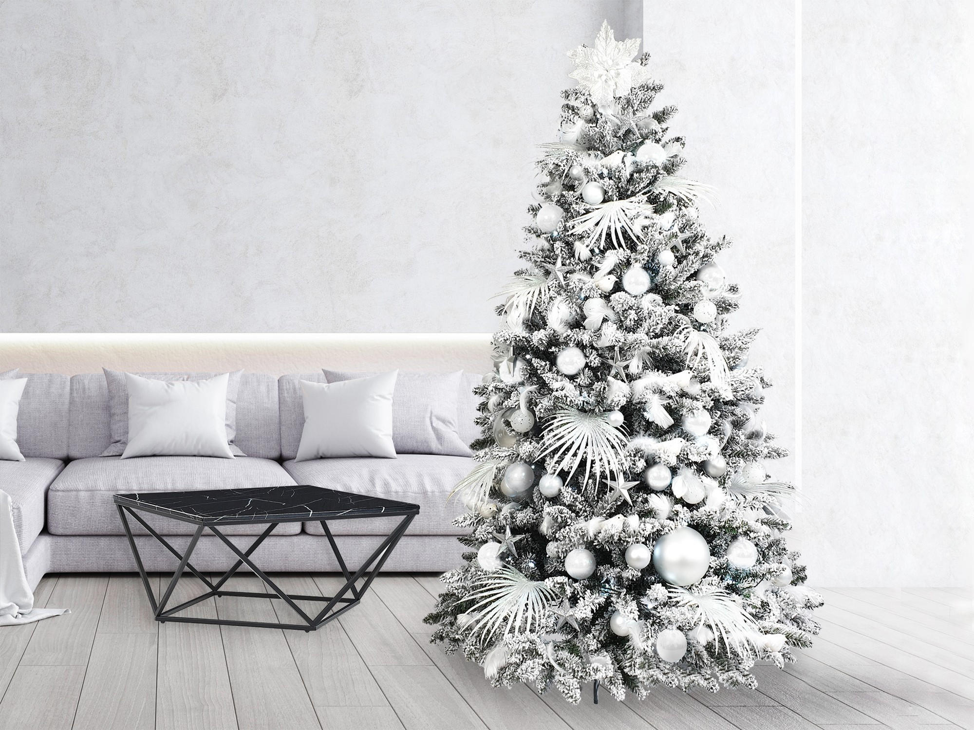 WEIHNACHTSBAUM geschmückt künstlich mit 109 Stk Kugeln POLAR WHITE 210 cm mit Metallständer - Silberfarben/Weiß, Kunststoff (210cm) - LAALU