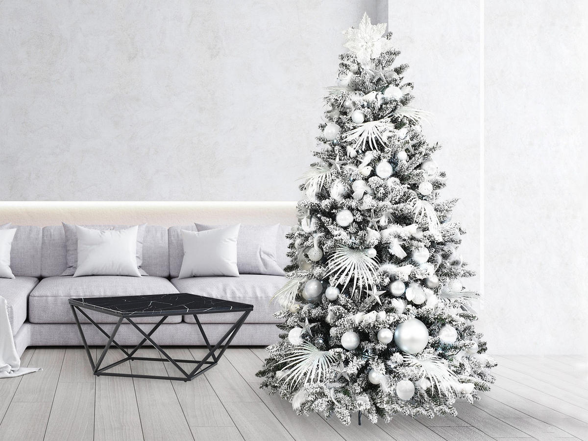 LAALU WEIHNACHTSBAUM geschmückt künstlich mit 139 Stk Kugeln POLAR WHITE 270 cm mit Metallständer - Silberfarben/Weiß, Kunststoff (270cm) - LAALU