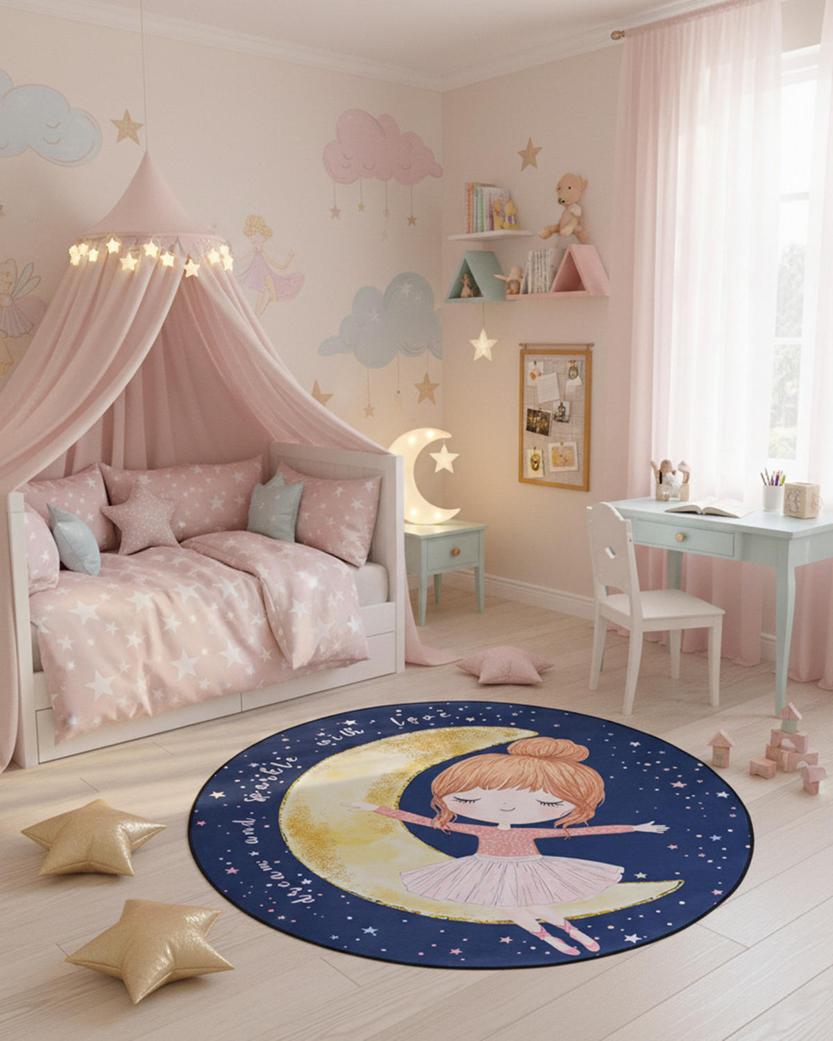KINDERTEPPICH Bambini Luna Mazovia Rund Ø100cm Marineblau Rosa Ballerina Kurzflor - Gelb, Textil (100/100cm) - Mazovia