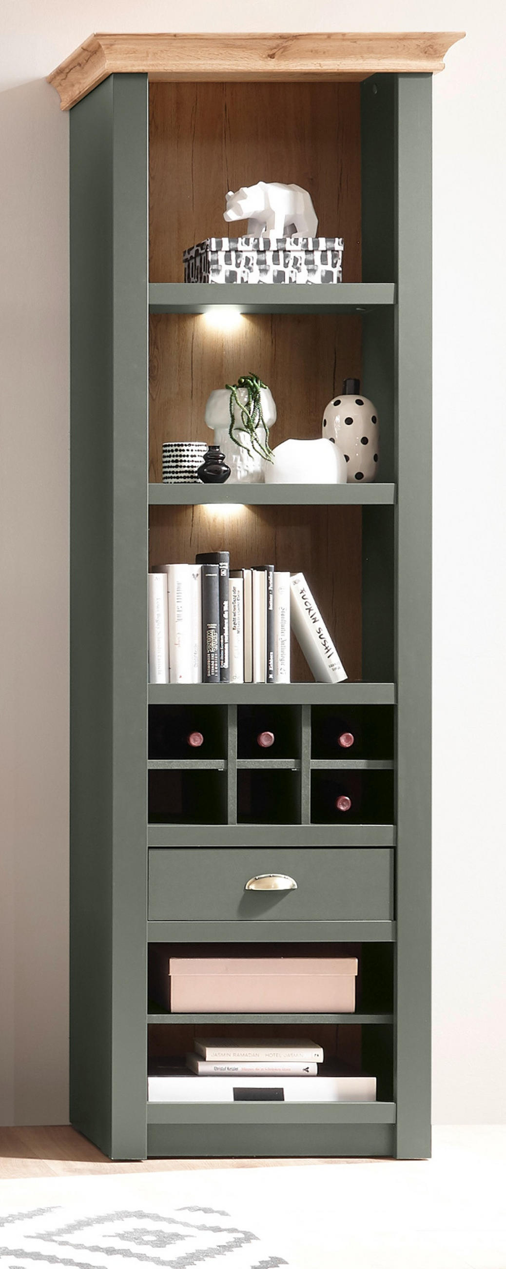 REGAL grün, Wotan Eiche Landhaus, Regalschrank mit Weinregal - Dunkelgrün/Messingfarben, Holzwerkstoff/Metall (68/207/45cm) - Furn.Design