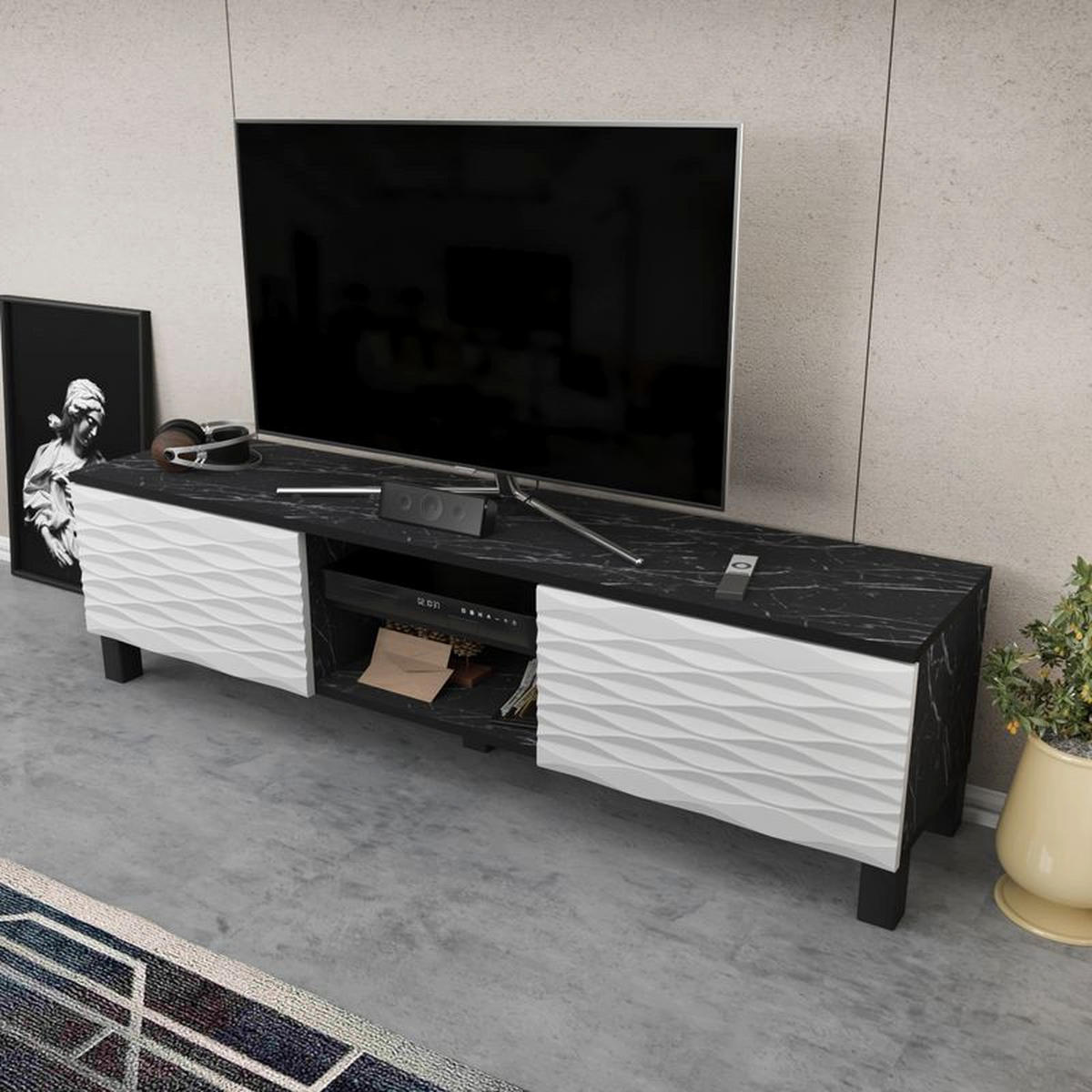 TV-ELEMENT Lukas Schwarzer Marmor Weiß - Schwarz/Weiß, Holzwerkstoff (150/40.3/35cm) - Decorotika