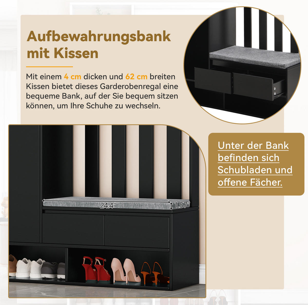 FLURGARDEROBE 100/35/180 cm aus MDF mit Sitzbank und Stecktafel Schwarz - Schwarz, Holzwerkstoff (100/180/35cm) - Modenvie