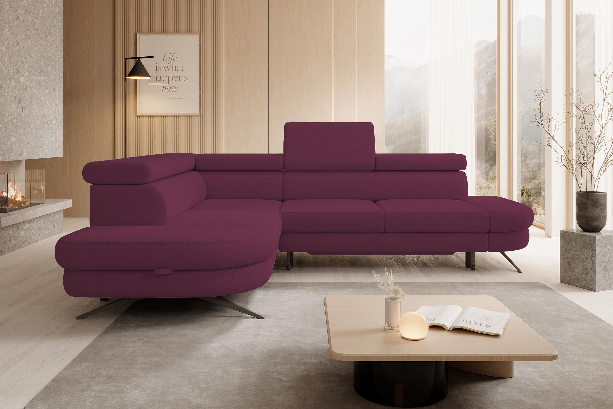 ECKSOFA OTIS L-förm, Schlaffunktion, verstellbare Kopfstützen, in AURORA-Stoff, lose Rückenkissen, freistehend, LINKS 218x276x97 cm Purple - Lila, Holz/Textil (218/276cm) - DomoHome
