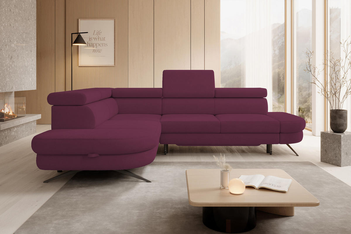 ECKSOFA OTIS L-förm, Schlaffunktion, verstellbare Kopfstützen, in AURORA-Stoff, lose Rückenkissen, freistehend, LINKS 218x276x97 cm Purple - Lila, Holz/Textil (218/276cm) - DomoHome