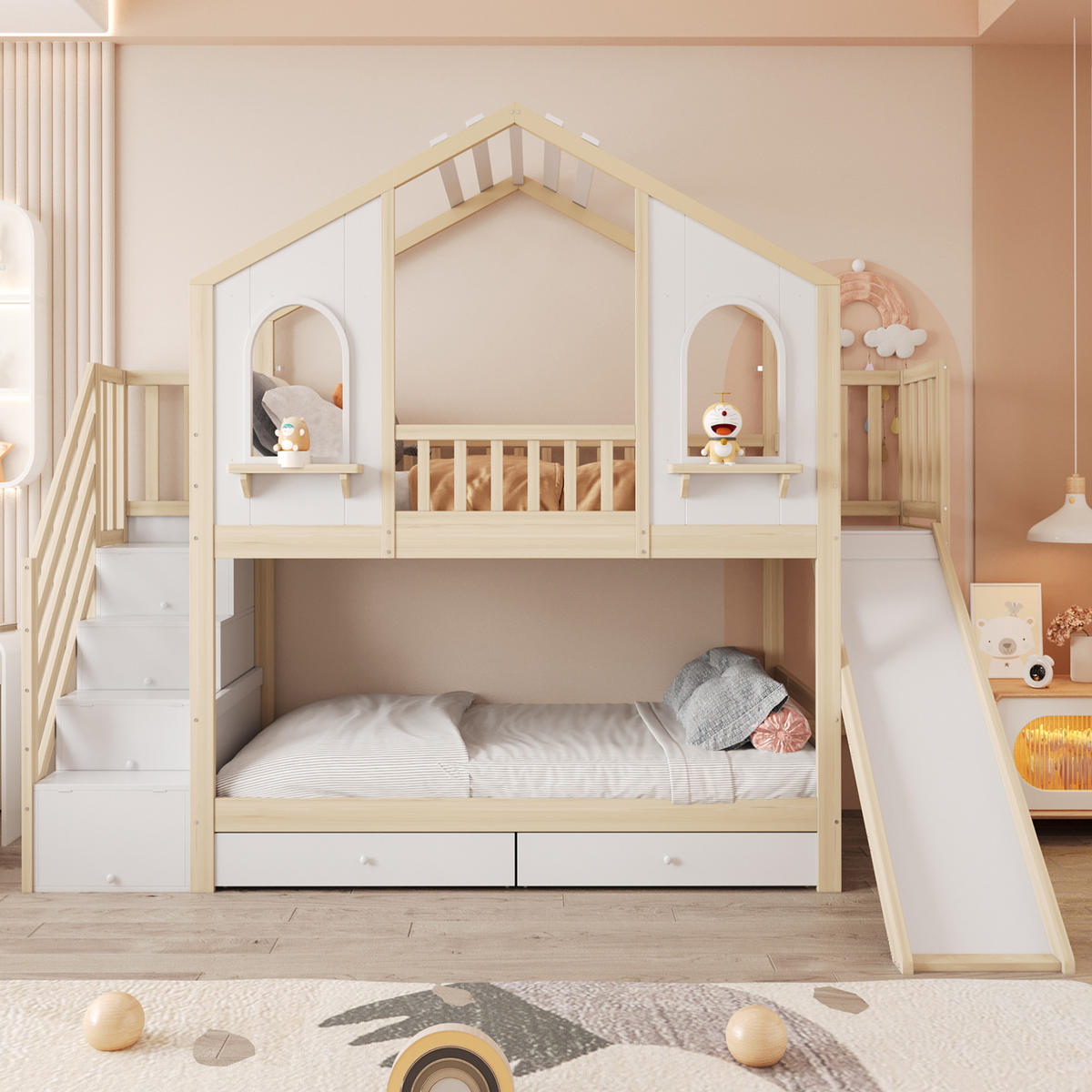 SPIELBETT 90/200 cm DE-01484, in Holzfarbe, mit Rutsche, Aufbewahrungsleiter und 2 Schubladen - Naturfarben, Holz (90/200cm) - ComfortXL