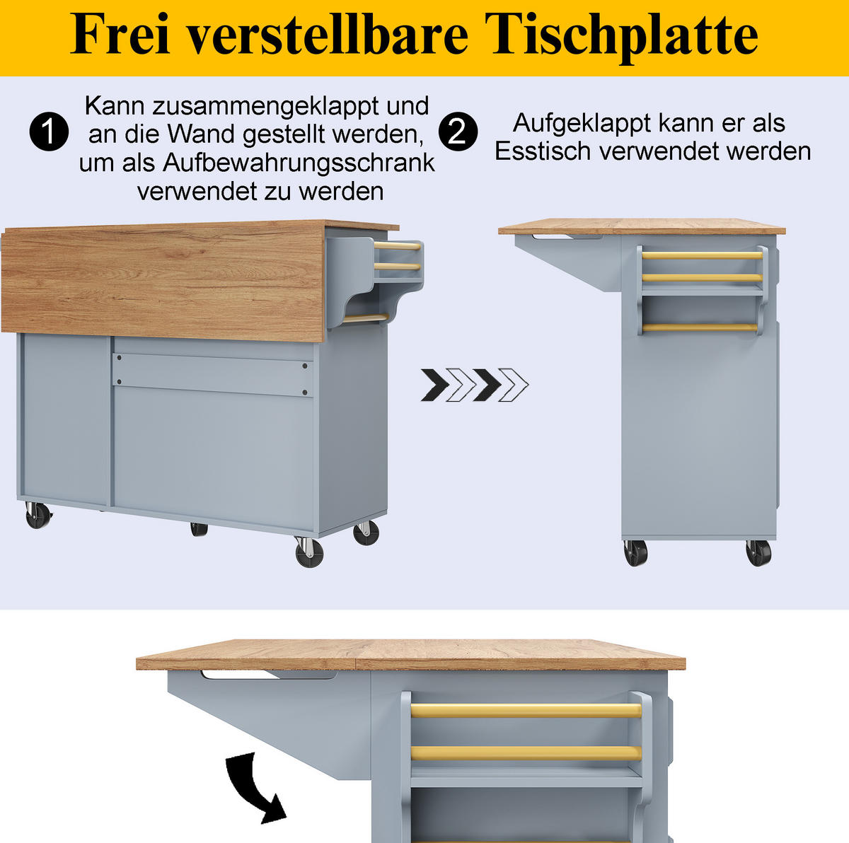KÜCHENINSEL 110/45-75/92 cm in Babyblau mit klappbarer Tischplatte - Blau, Holzwerkstoff (110/92/75cm) - Flora Grace