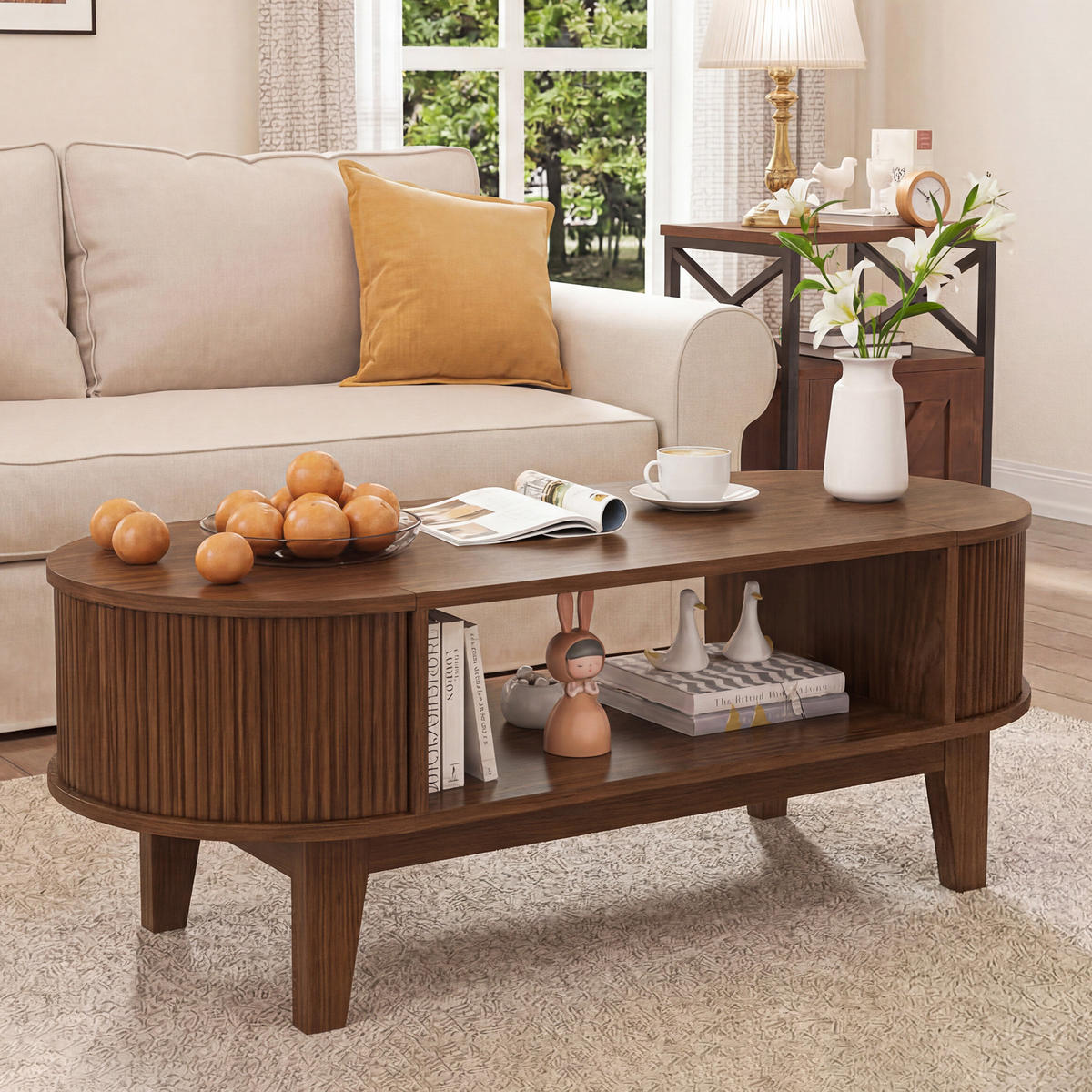 COUCHTISCH Nussbaum-Optik mit Klappdeckeln & Stauraum - Walnussfarben, Holz (100/50/50.4cm) - SHOPENTRA