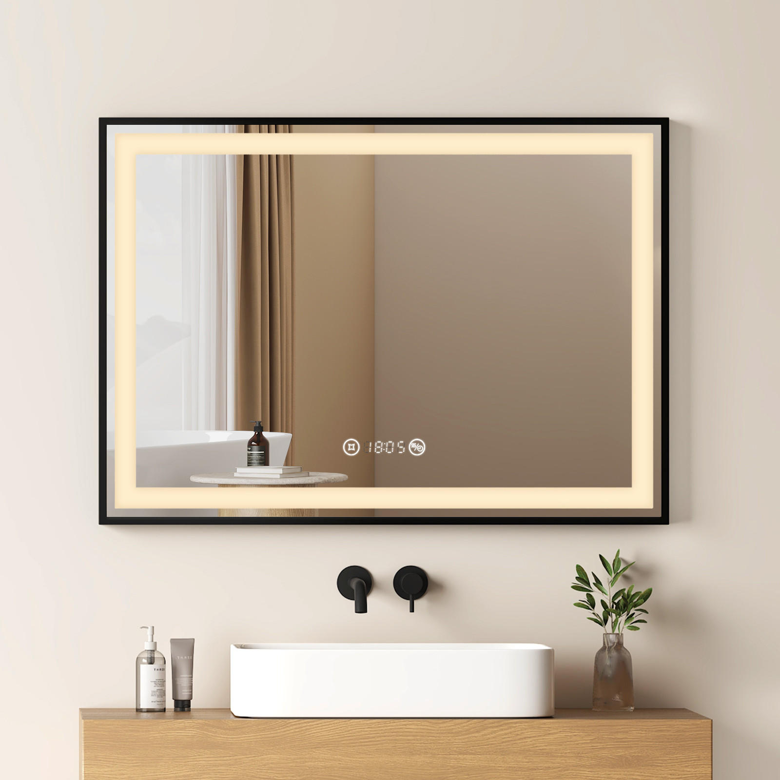 BADSPIEGEL mit Beleuchtung Schwarzer Rahmen 70/50 cm - Weiß, Glas (50/4/70cm) - EMKE