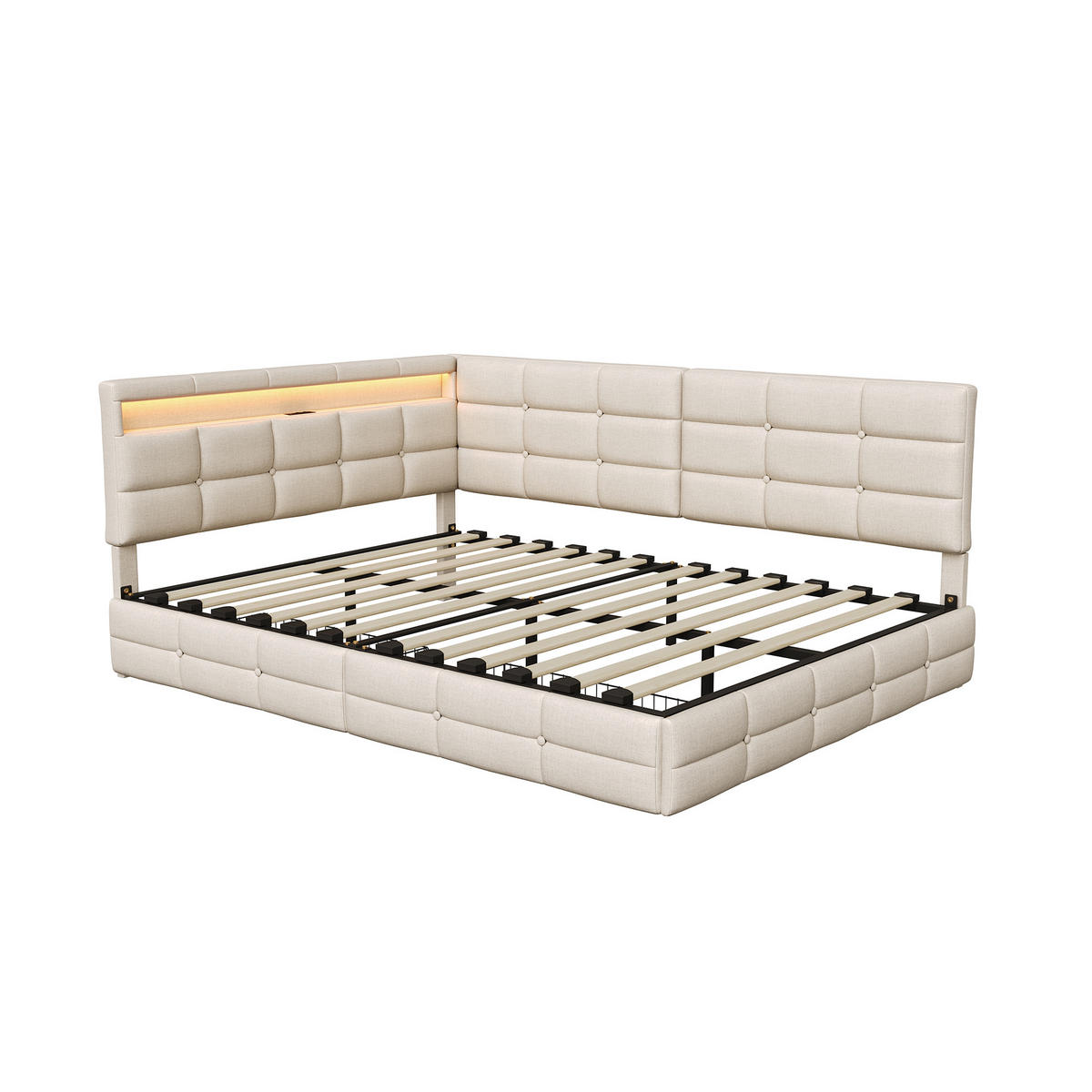 POLSTERBETT 140x190 cm Tagesbett mit 2 Schubladen, LED & USB, Doppelbett mit L-förmigem Kopfteil, Beige - Beige, Metall (140/190cm) - EuroLiving
