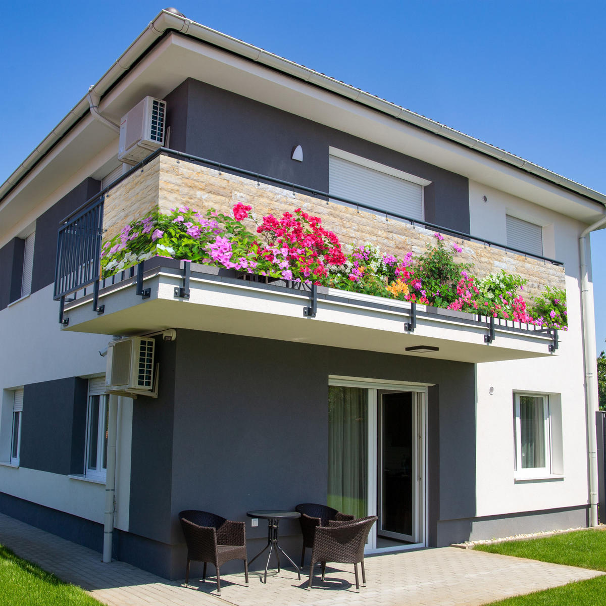 BALKON-SICHTSCHUTZ Blumen - Pflanzen - Blätter - Steine - Pink, Kunststoff (500/90cm) - MuchoWow