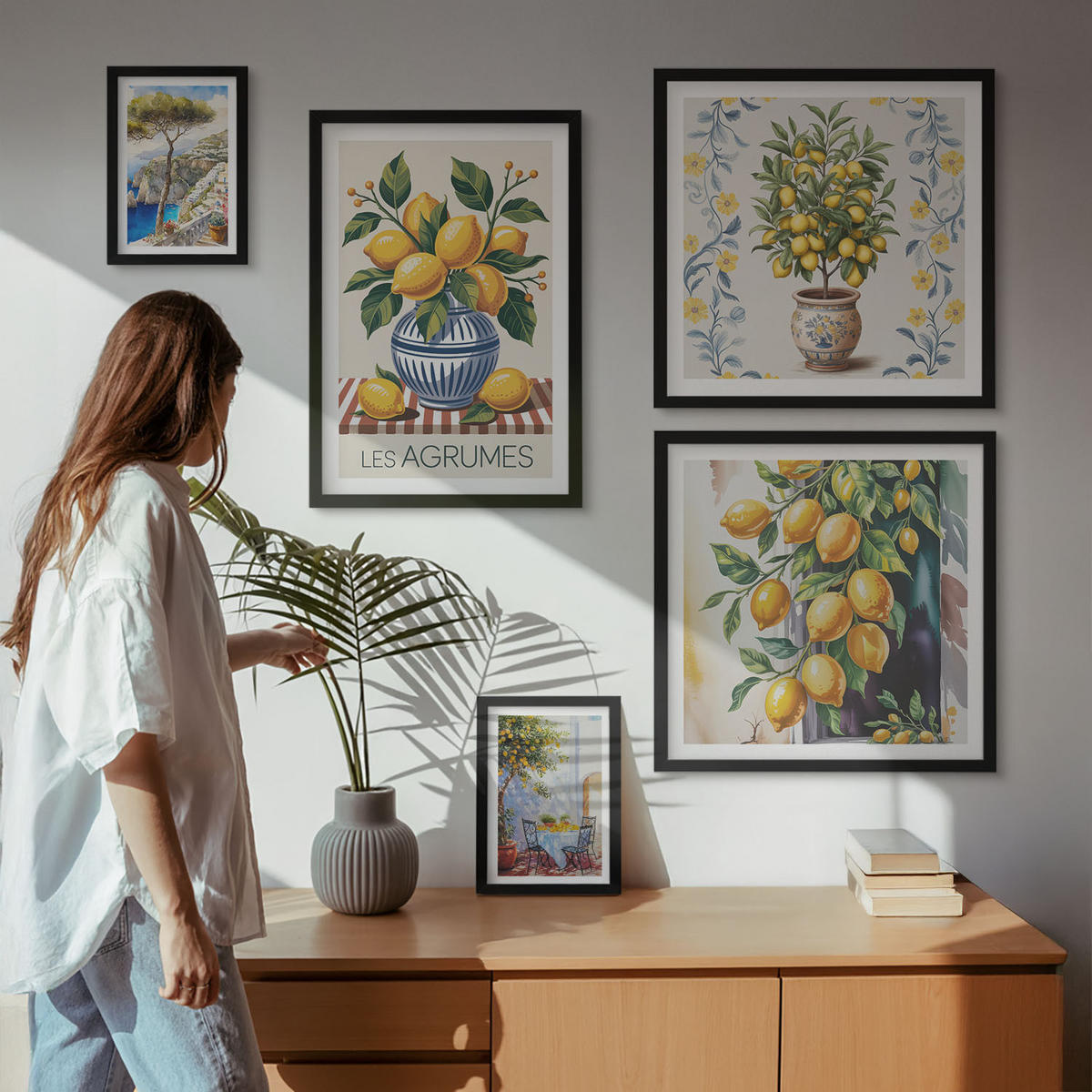 WANDBILDER 5er-Set - 50x50 cm & 20x30 cm & 40x60 cm Schwarzer Rahmen - Zitronenbäume am Meer - Schwarz, Kunststoff (40/60cm) - ArtPrintCave