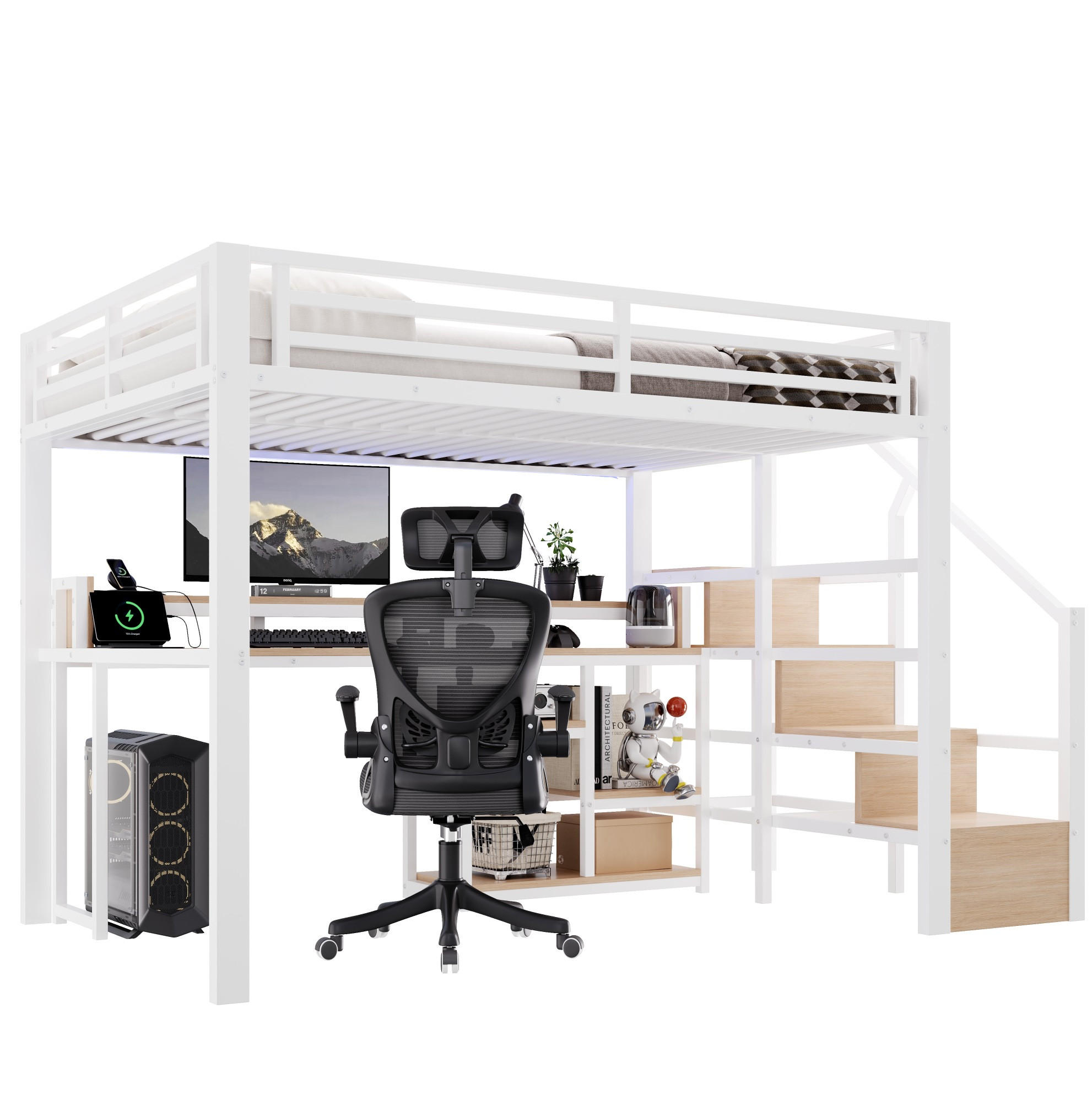 HOCHBETT MDF Metall 140x200 cm Weiß mit Leiterschrank, USB + Typ-C und LED-Lichtleiste - Weiß, Holzwerkstoff (140/200cm) - Modfu