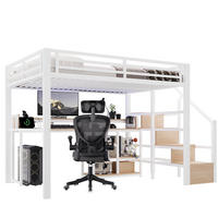 HOCHBETT MDF Metall 140x200 cm Weiß mit Leiterschrank, USB + Typ-C und LED-Lichtleiste - Weiß, Holzwerkstoff (140/200cm) - Modfu