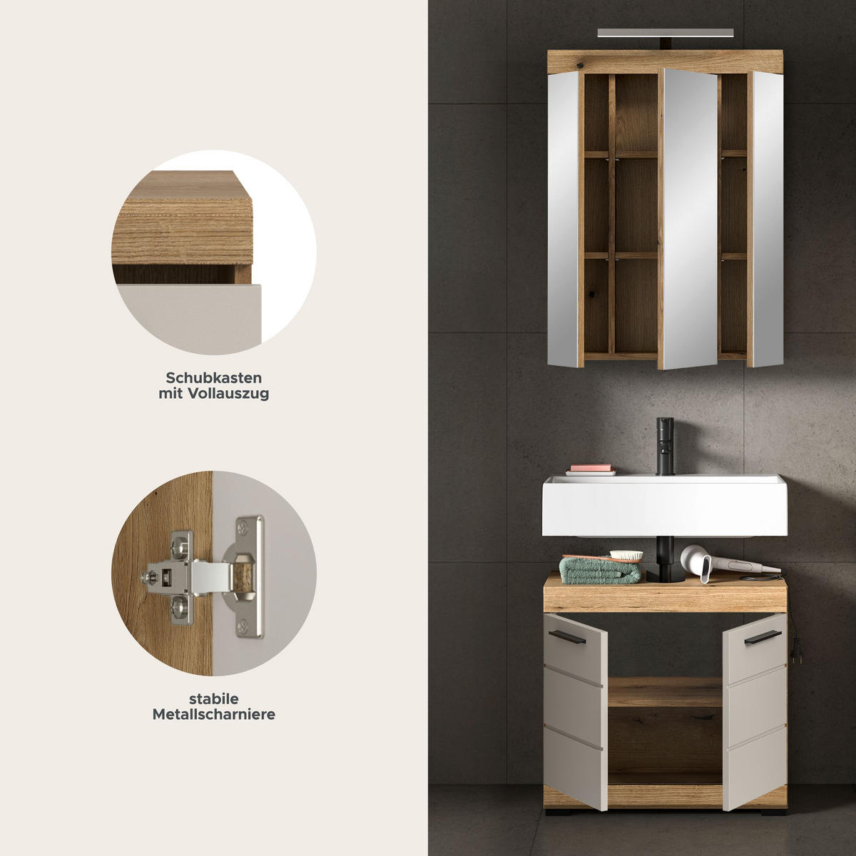 BAD-SET SCOUT 3-tlg . (B/H/T: ca. 60/191/34 cm) in Evoak Oak Nachbildung/- - Eichefarben, Holz (60/191/34cm)