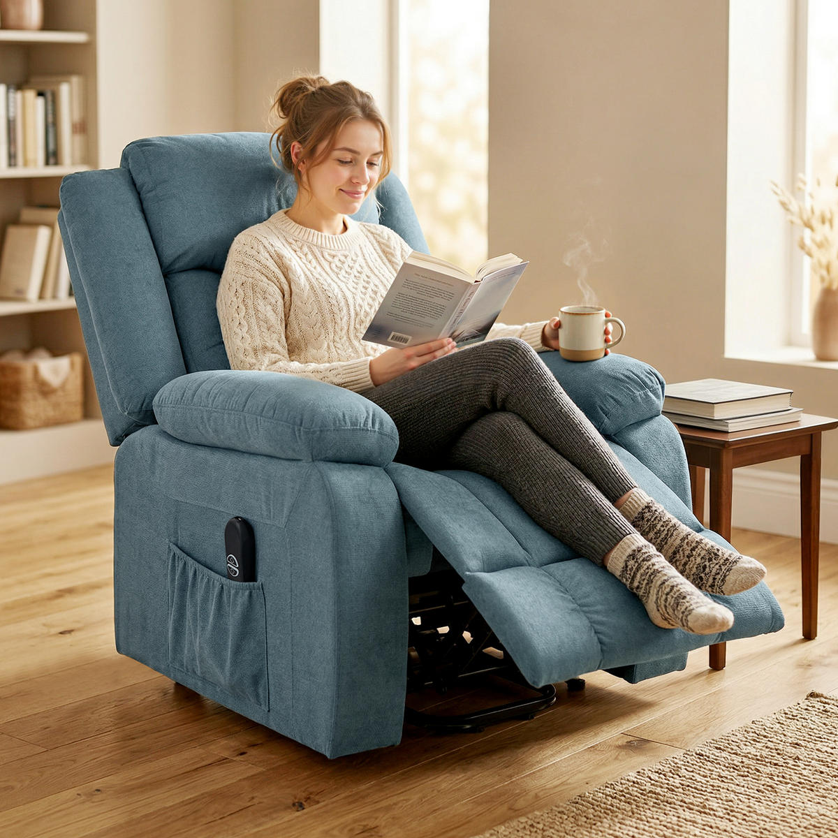 RECLINERFÅTÖLJ med uppresningshjälp, polyester och stål, blå - Svart/Blå, Textil/Metall (92/105/94cm) - HOMCOM