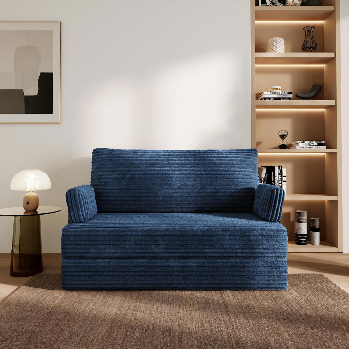 BETTSOFA LADIA aus Schaumstoff Cordstoff Blau Schlaffunktion - Blau, Textil (140/86/60cm) - MASSENO