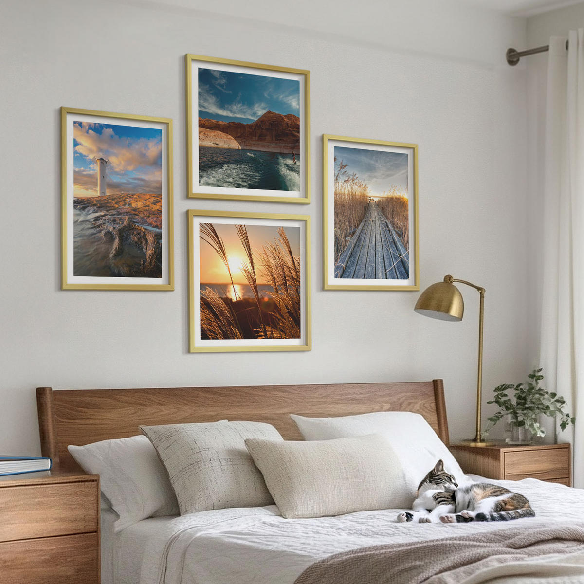 WANDBILDER 4er Set - 50x50 cm & 40x60 cm Goldrahmen - Leuchtturm-Grassteg - Goldfarben, Kunststoff (50/50cm) - ArtPrintCave