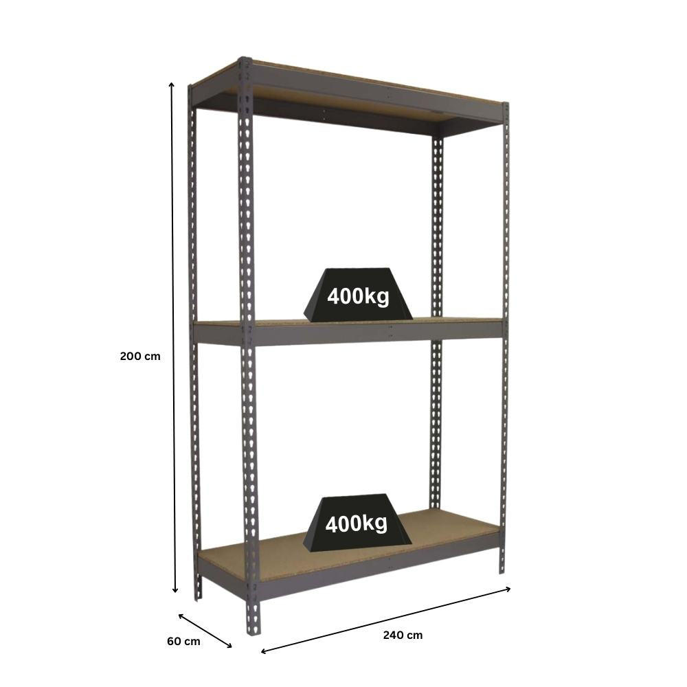 SCHWERLASTREGAL Wood Beast Three HxBxT 200 x 240 x 60 cm 3 Ebenen Fachlast 400 kg Grau - Grau, Metall (240/200/60cm) - PROREGAL