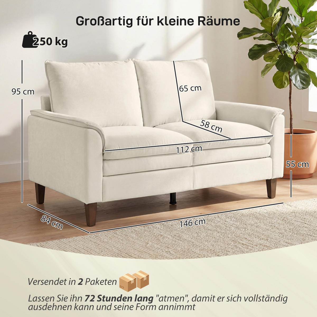 2-SITZER-SOFA DE-06580 mit doppellagiger Polsterung & Federkissen Creme - Creme, Textil/Metall (146/95/84cm) - ComfortXL