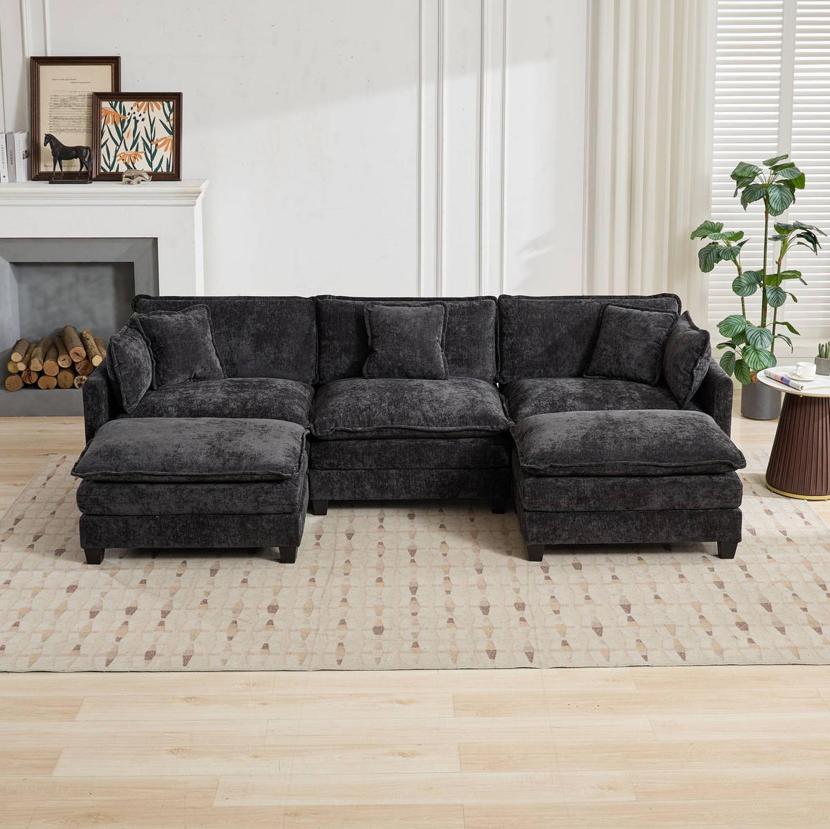 SOFA modular 3-Sitzer Chenille Schwarz - Schwarz, Holz (75/84/289cm) - Meubliv