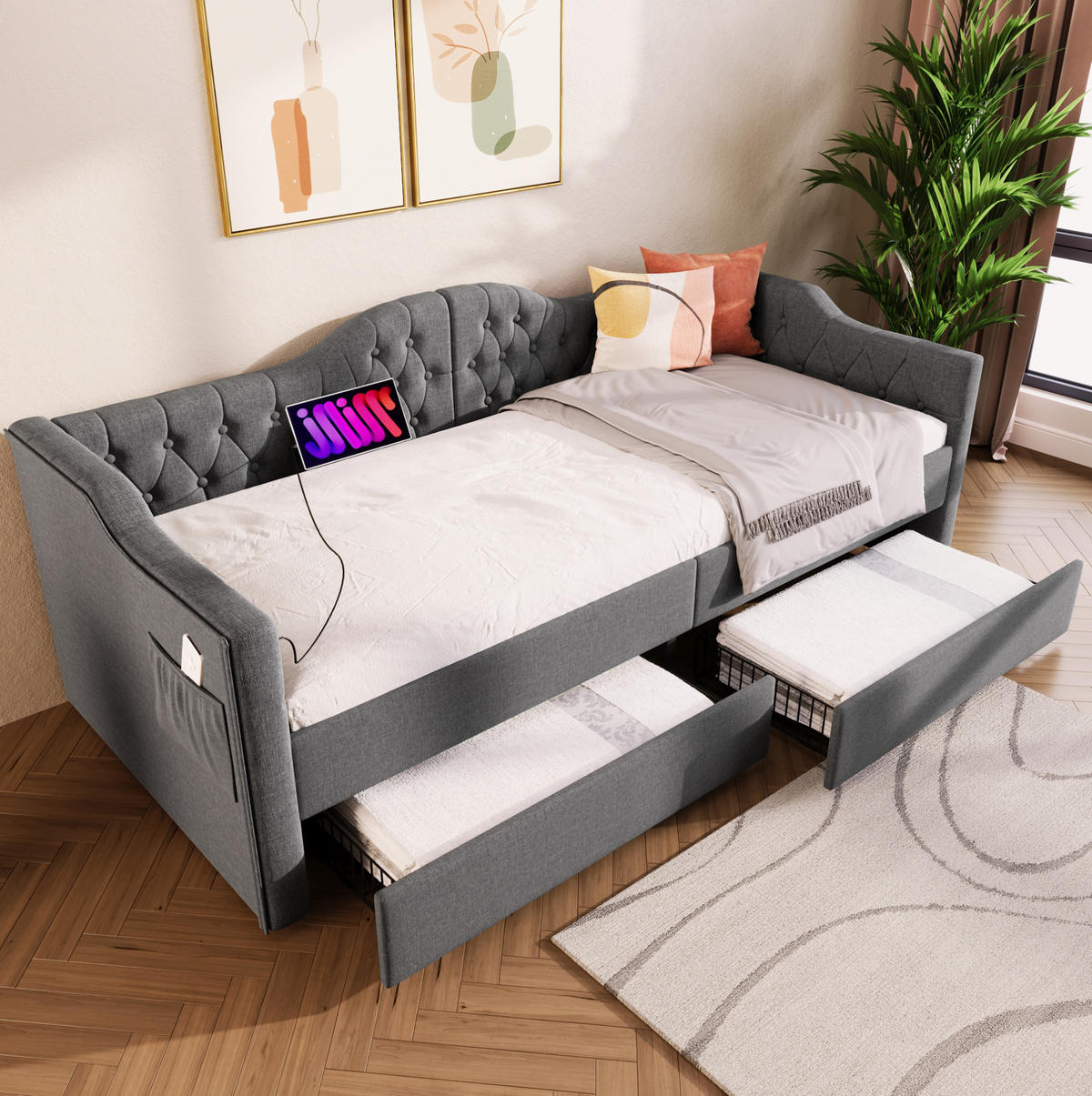 POLSTERBETT 90/200 cm Grau mit 2 Schubladen und USB- und Type-C-Anschlüssen - Grau, Textil (90/200cm) - Flora Grace