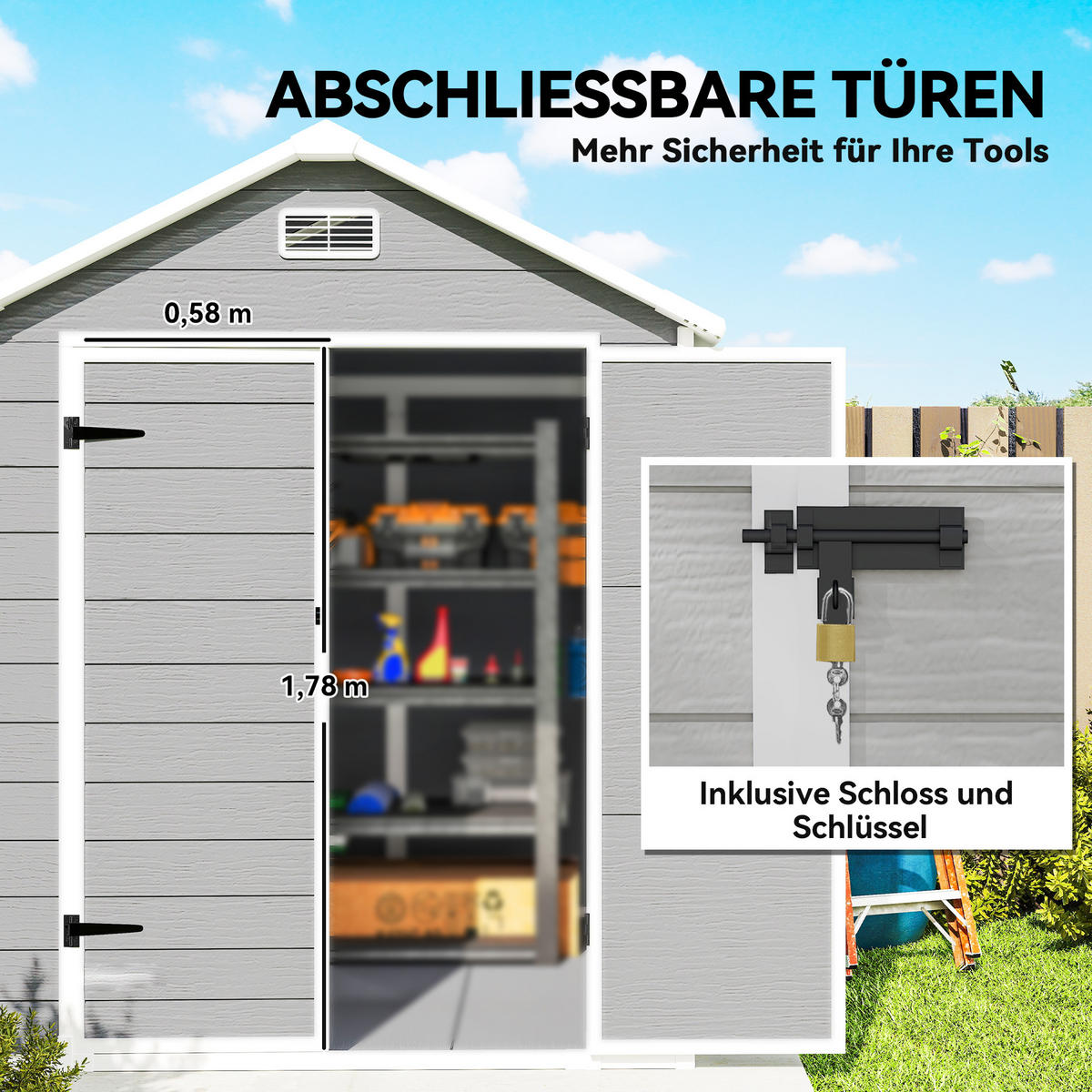 GERÄTEHAUS 2,4m² Gartenhaus mit Satteldach 182 x 151 x 219/181 cm Geräteschuppen - Grau, Kunststoff (151/219/182cm) - Outsunny
