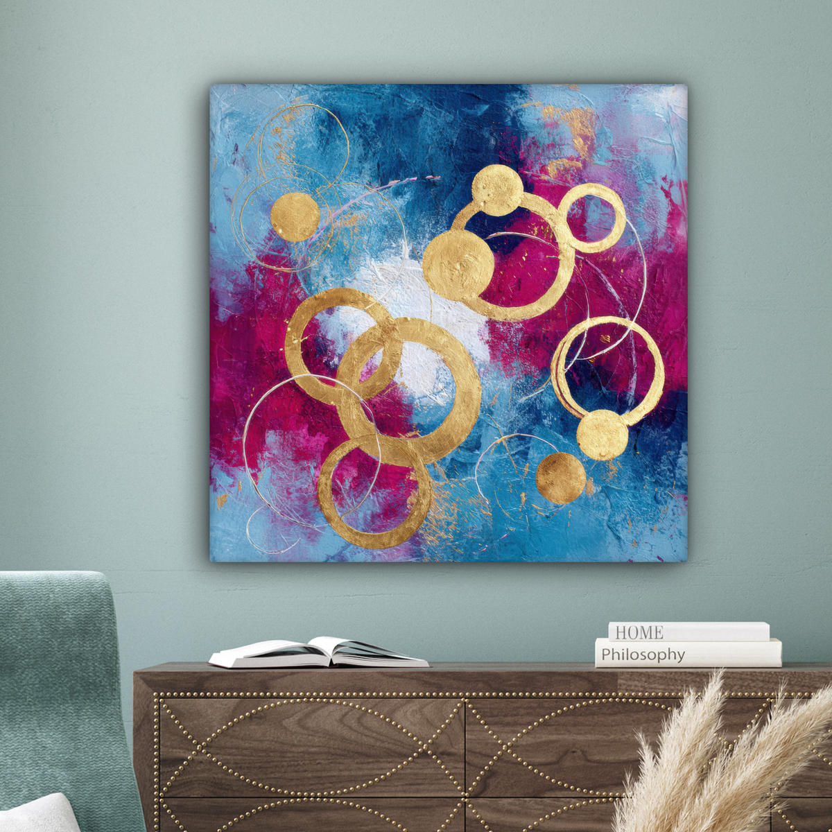 LEINWANDBILD Kreise - Gold - Abstrakt Deko Groß 90x90 cm - Blau, Textil (90/90cm) - MuchoWow