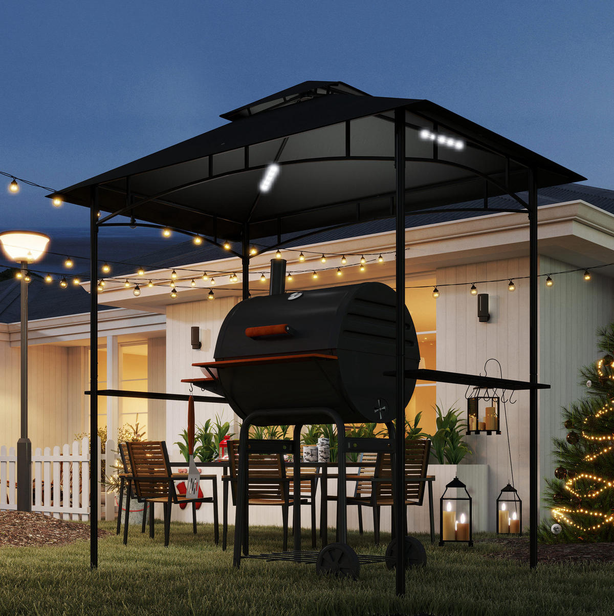 GRILLPAVILLON 240/150/258 cm dunkelgrau aus Polyester mit Doppeldach und LED - Dunkelgrau, Textil (240/258/150cm) - OKWISH