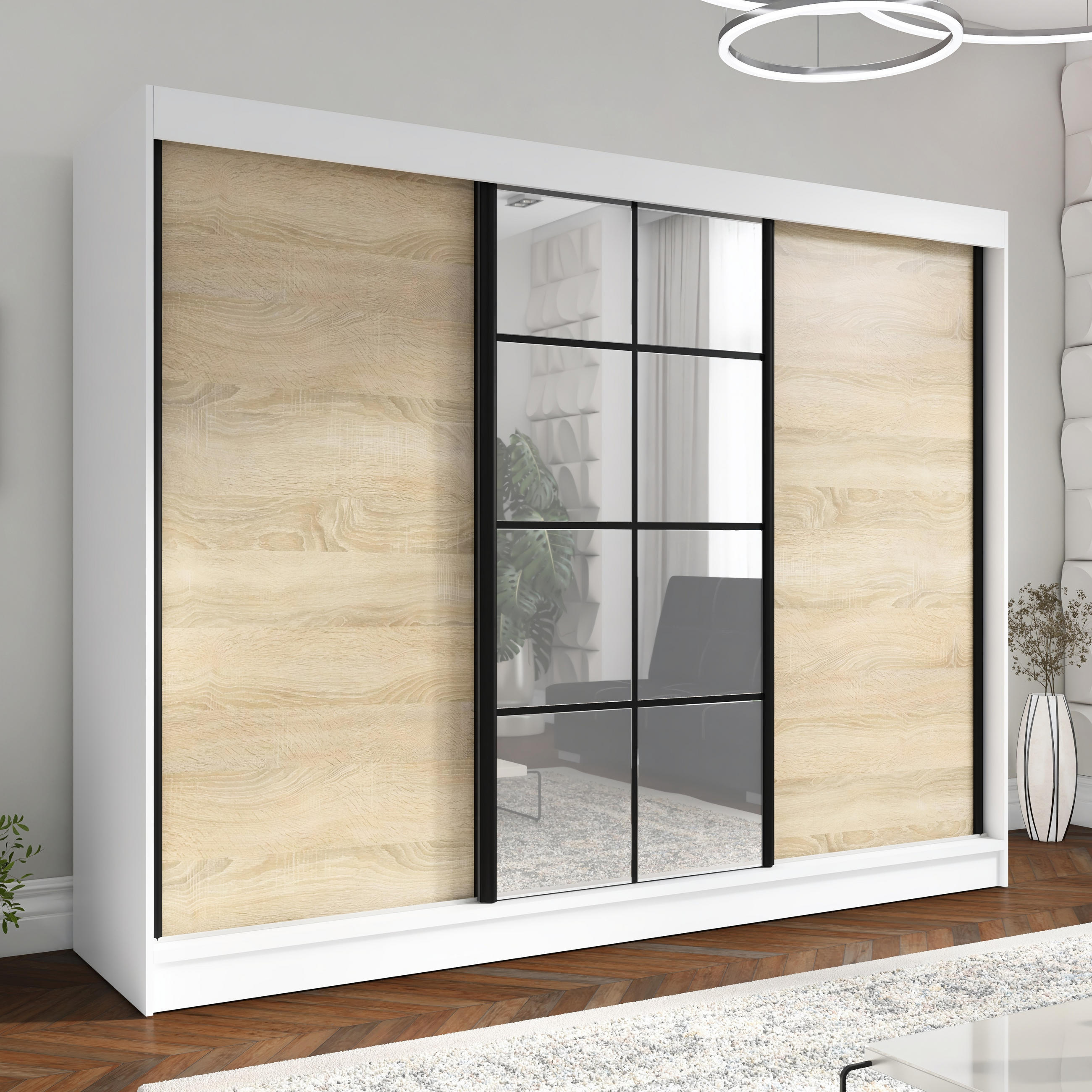 SCHWEBETÜRENSCHRANK 200 CM ORAVELLE Farbe: Weiß / Sonoma - Weiß/Braun, Holzwerkstoff (200/215/59.5cm) - A&J MöbelLand