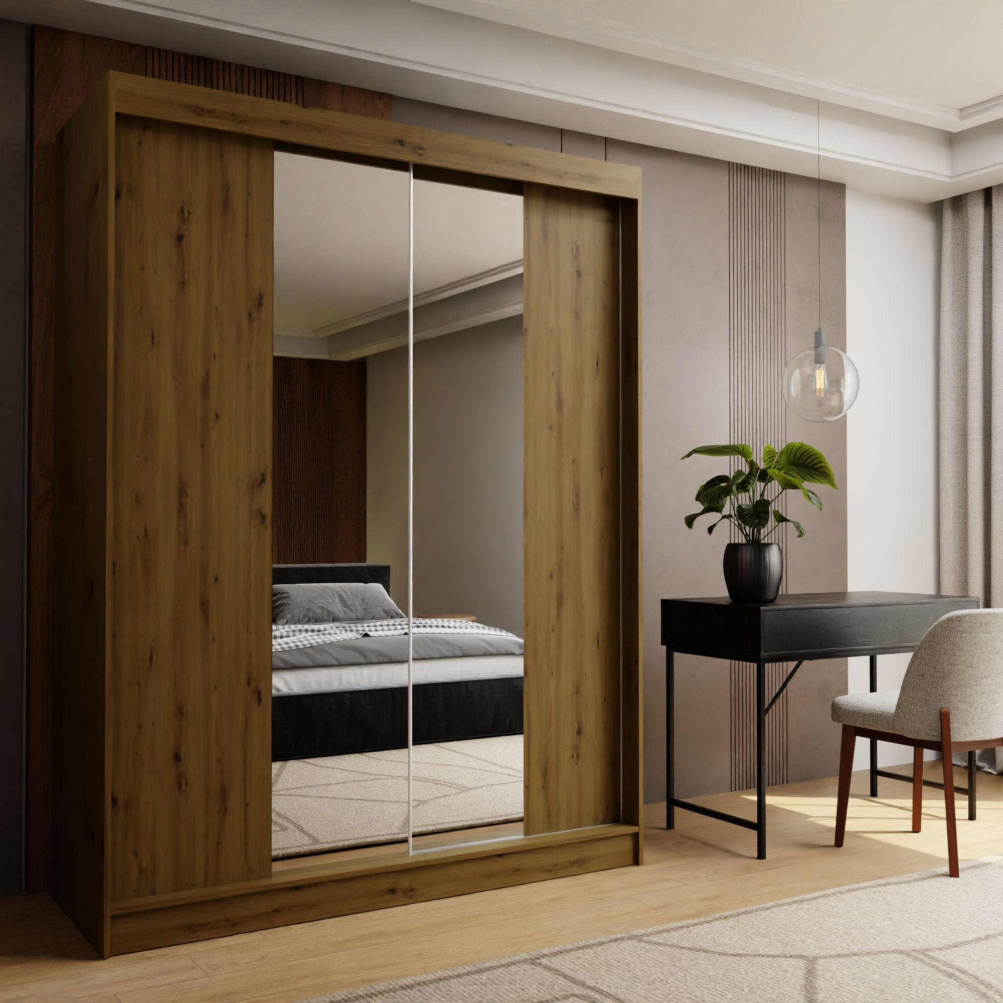 SCHWEBETÜRENSCHRANK LUCENZA 150/216/61 cm 2-türig mit Spiegel Eiche Artisan - Eiche Artisan, Holzwerkstoff (150/216/61cm) - MASSENO