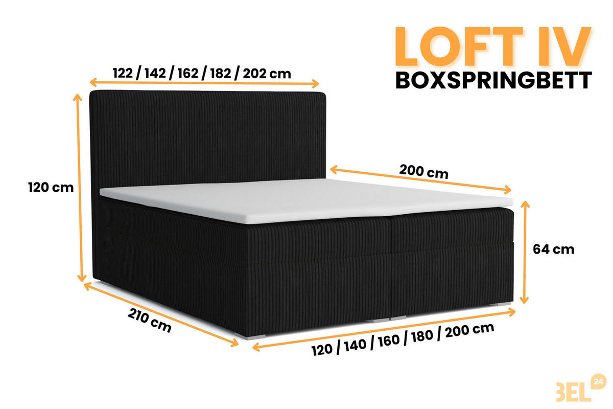 BOXBETT LOFT IV 160/200 Cord Schwarz mit Taschen-Federkernmatratzen 7 Zonen H4 - Schwarz, Holz/Holzwerkstoff (160/200cm) - Deine Möbel 24