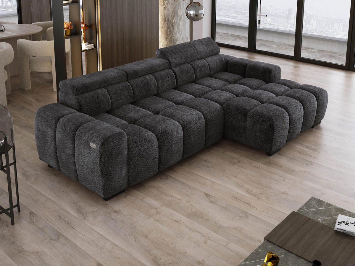 ECKSOFA OMBO 285x168x77/97 cm, Rechts, Schlaffunktion, elektr. Sitz, Kopfstützen, hydrophober EDEN-Stoff – Schwarz - Schwarz, Holz/Textil (285/168cm) - DomoHome
