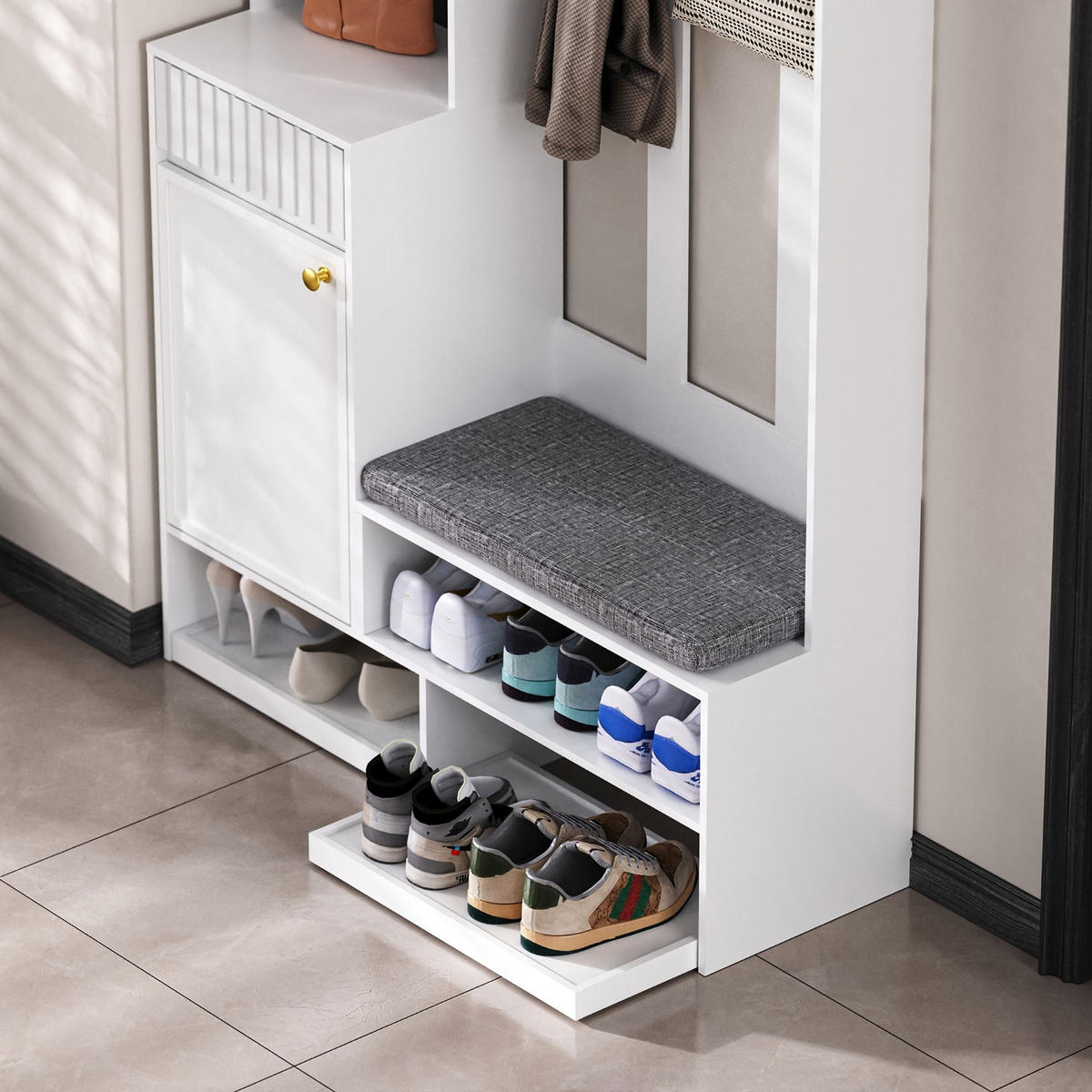 KÜCHENSCHRANK, 100/180/35 cm, MDF, Weiß, 6-IN-1 DESIGN MIT KIPPSICHERUNG, Flurgarderobe für Eingangsbereich - Weiß, Holzwerkstoff (35/180/100cm) - Rolipo