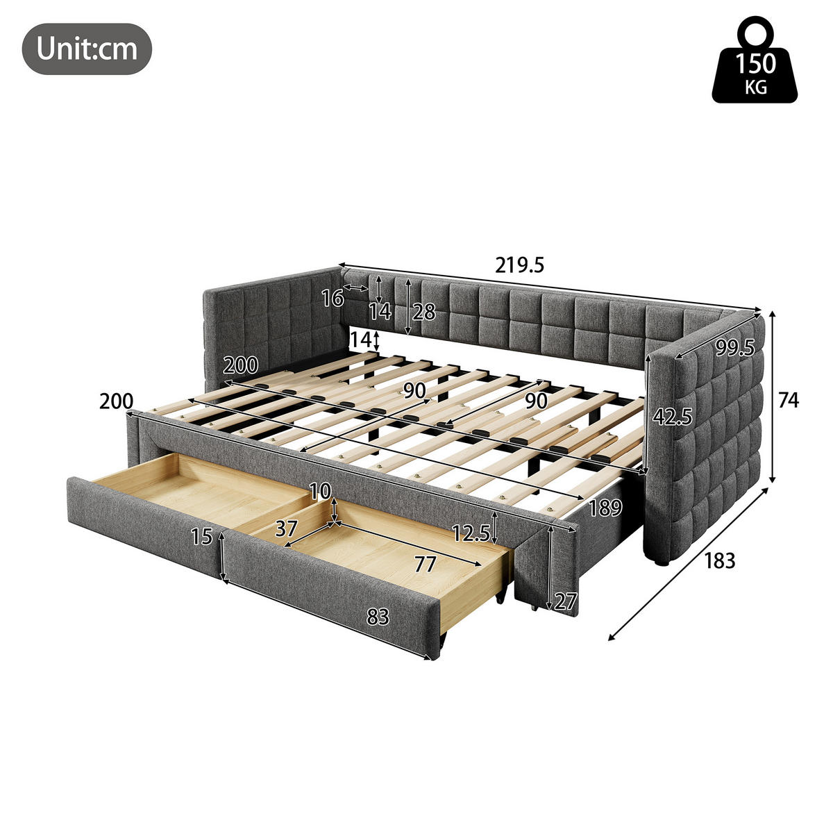 TAGESBETT aus Samt 90x200 cm Grau mit Ausziehfunktion, 2 Schubladen und quadratischer Rückenlehne - Grau, Textil (140/190cm) - Modfu