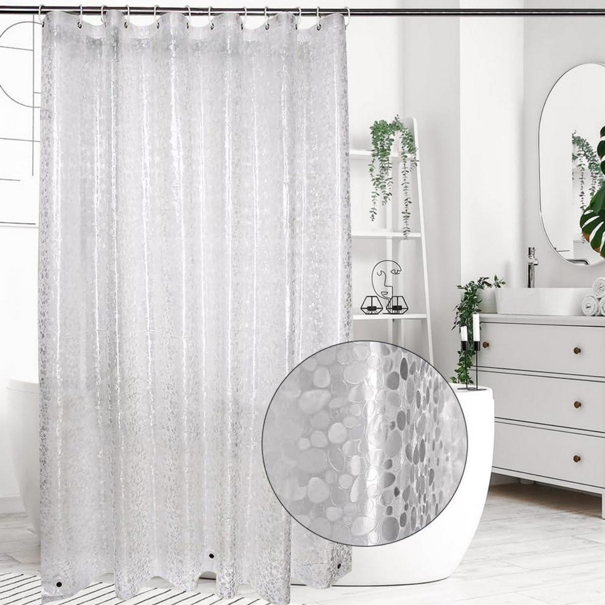 DUSCHVORHANG Transparent Kiesel Muster PEVA 120 x 180 cm schimmelresistent wasserdicht Ringe - Silberfarben/Weiß, Textil (120/180cm) - MCBOSON