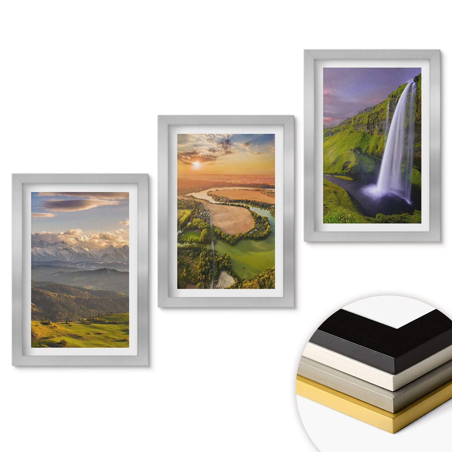 WANDBILDER 3er Set - 20x30 cm Silberner Rahmen - Gebirgsflüsse, Wasserfälle, Natur - Silberfarben, Kunststoff (20/30cm) - ArtPrintCave