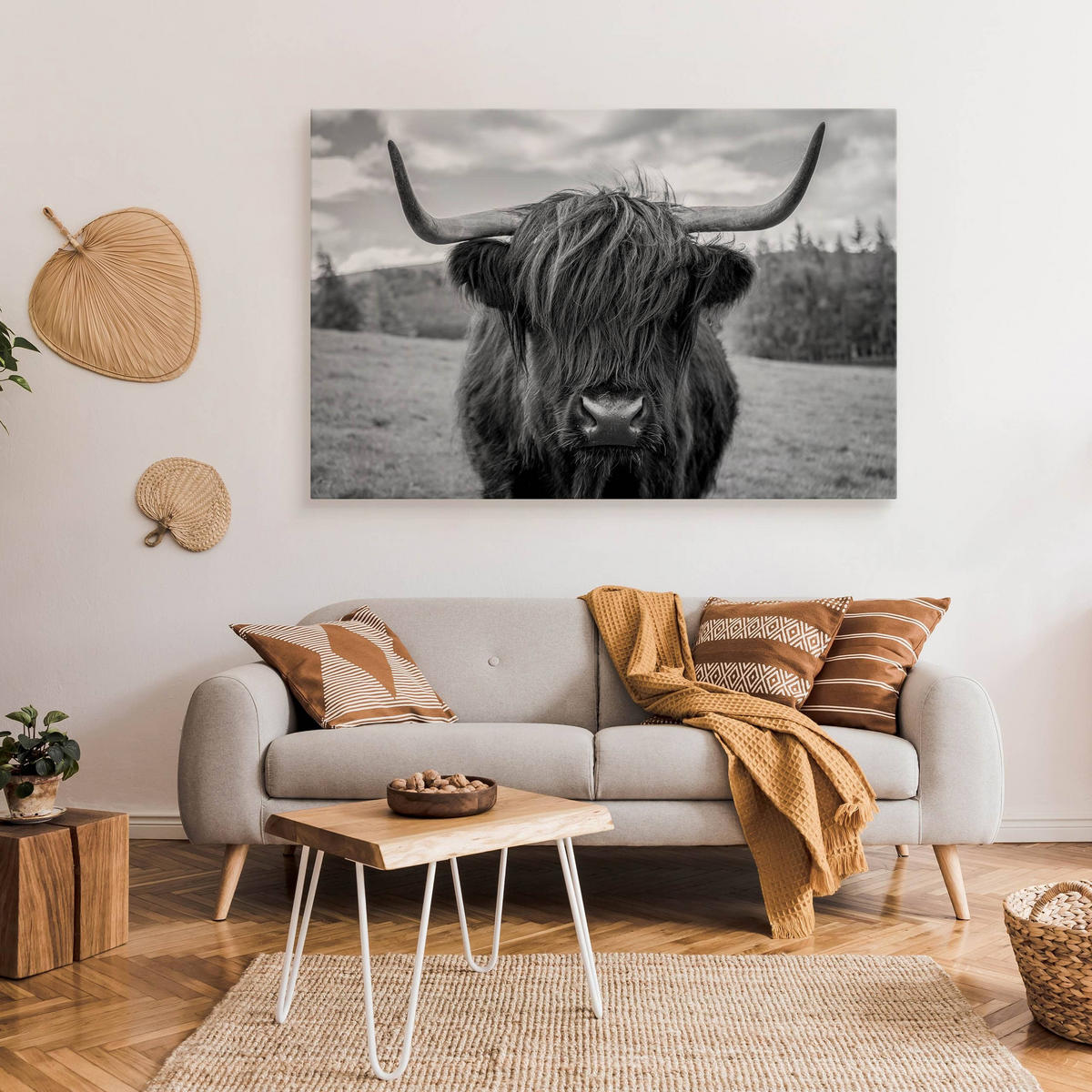 LEINWANDBILD Schwarzweiß Schottische Kuh Tier Landschaft 3D 120/80 cm - Schwarz/Weiß, Textil (120/80cm) - Muralo