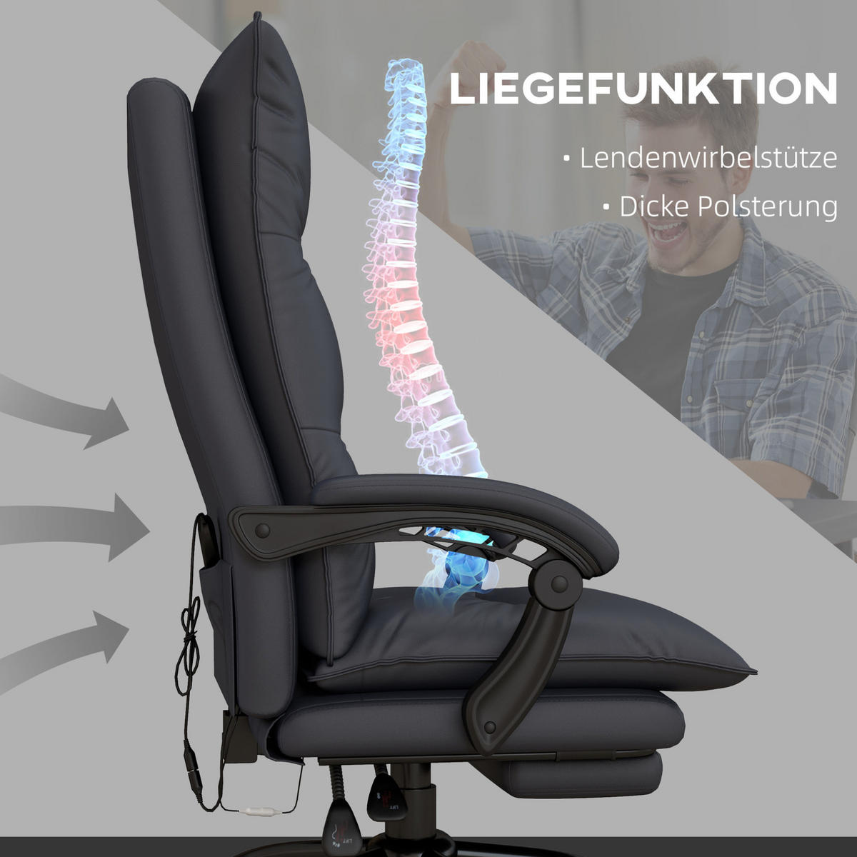 BÜROSTUHL in Dunkelgrau 74x66x121,5 cm mit Massage- und Heizfunktion, verstellbarer Rückenlehne und Fußstütze - Dunkelgrau, Textil (66/121.5/74cm) - IVMEU